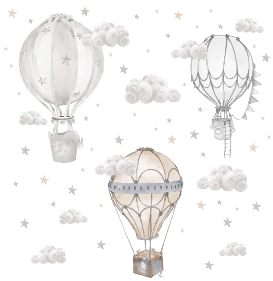 Zestaw naklejek na ścianę z balonami beżowo-szarymi i chmurkami