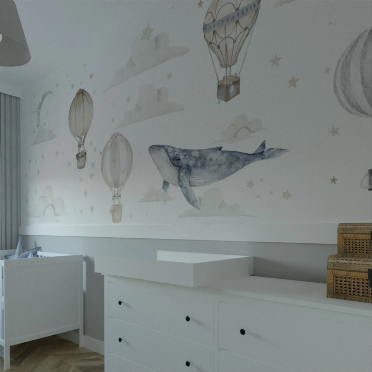 Dekoracja ściany w pokoju dziecka z beżowo-szarymi balonami – Mała Pracownia