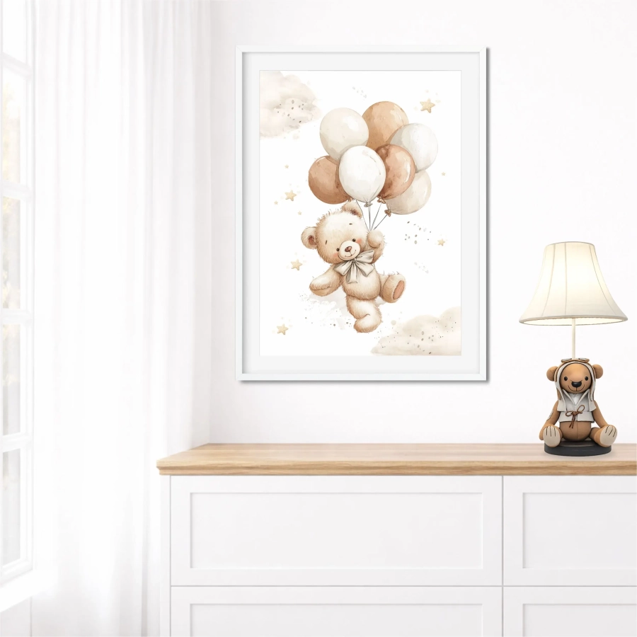 Plakat boho Miś z balonikami – Mała Pracownia