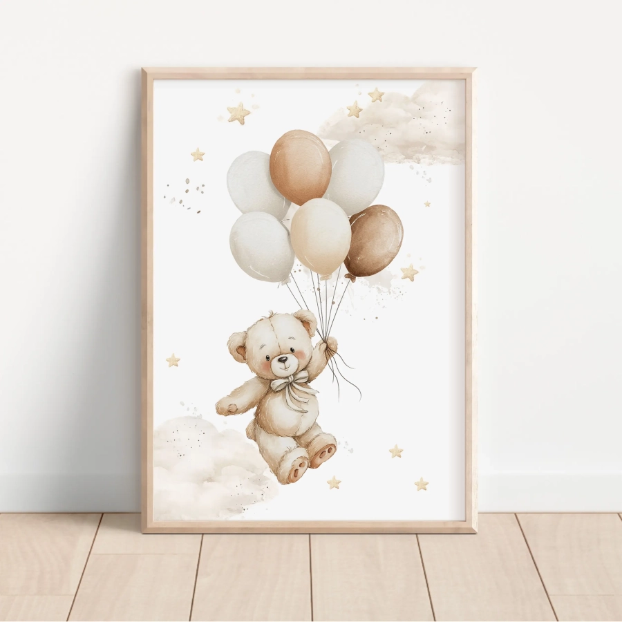 Plakat na ścianę Miś z balonikami – kolekcja Pastelowe Misie