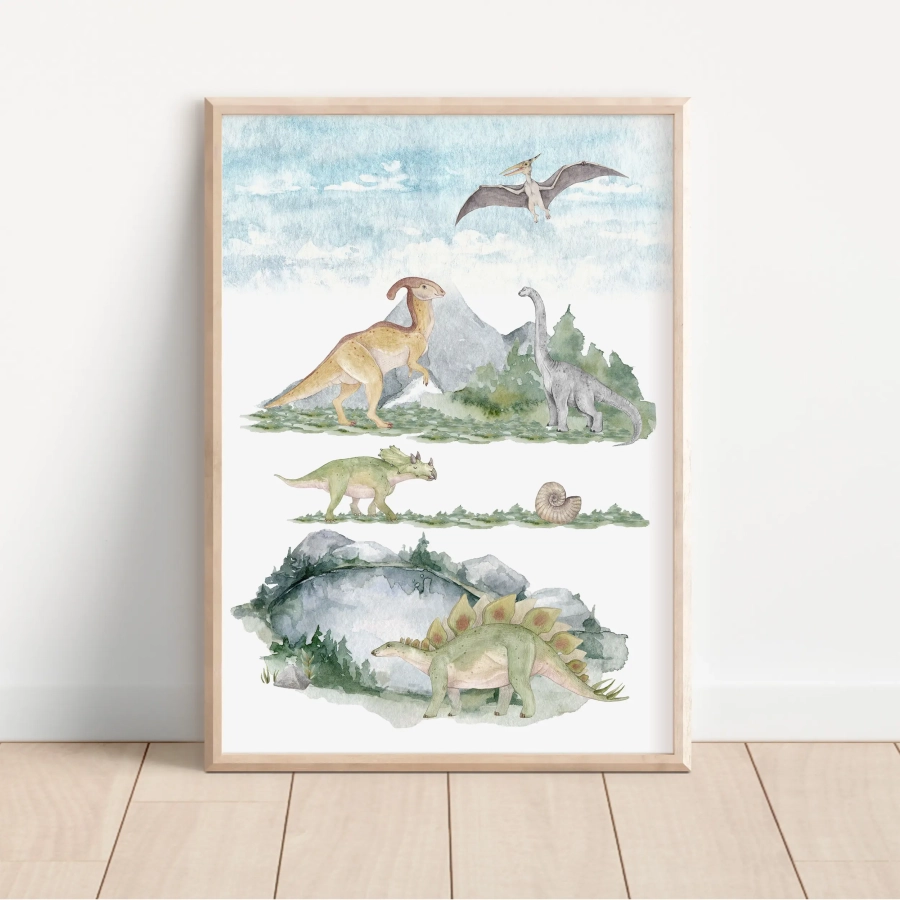 Plakat dinozaury akwarela – dekoracja ścienna – Wzór 1 | Mała Pracownia