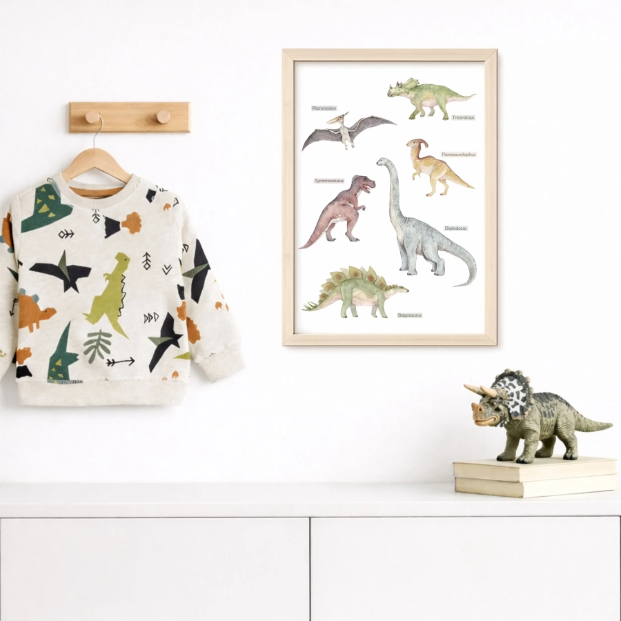 Plakat jurajski z dinozaurami z nazwami – Wzór 3 | Mała Pracownia