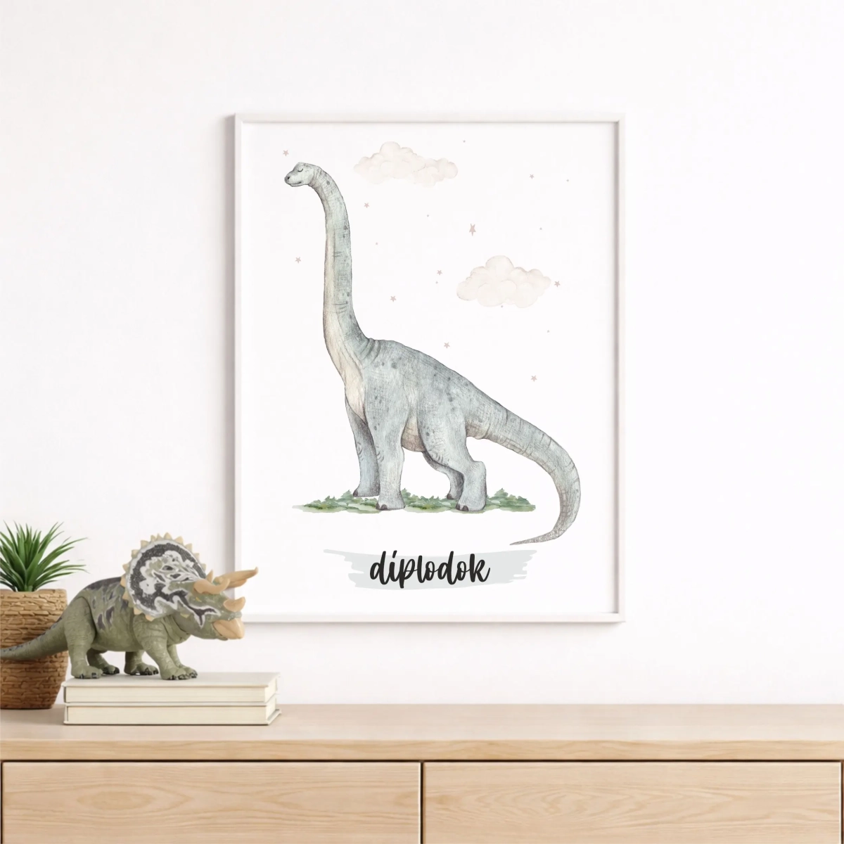 Plakat Dinozaur Diplodok w stylu akwareli – Mała Pracownia