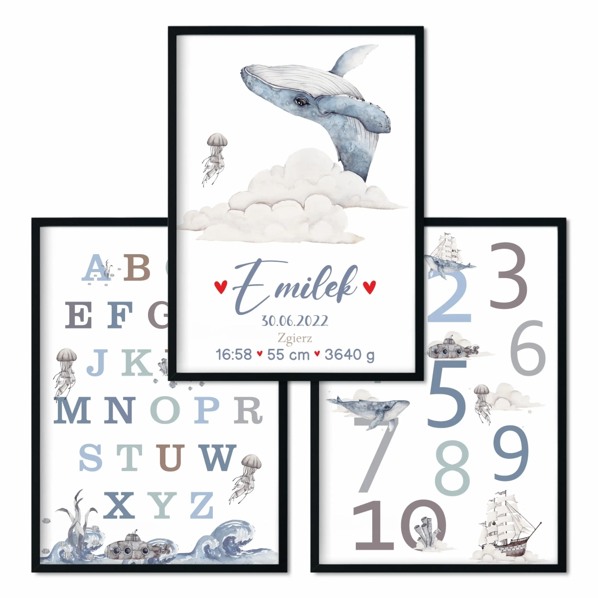 Zestaw 3 plakaty Podniebny Ocean do pokoju dziecka – Mała Pracownia