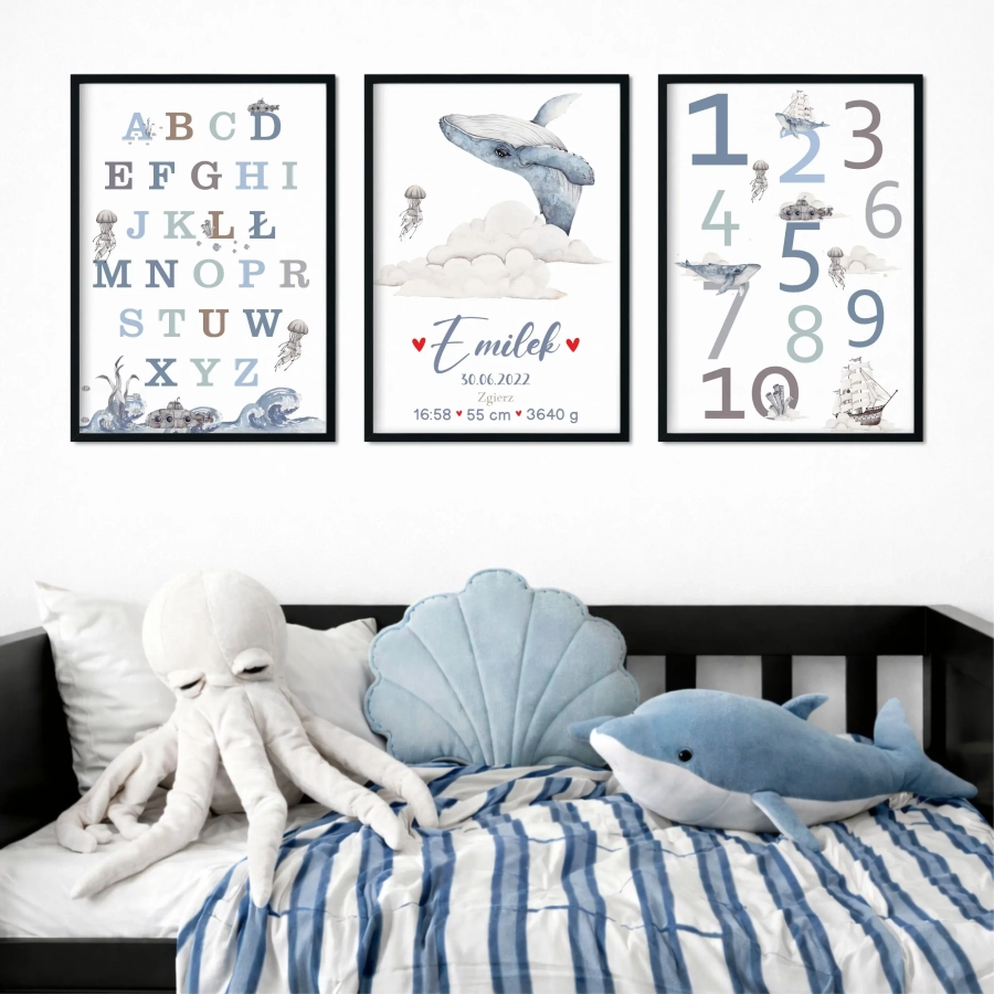 Zestaw 3 plakaty Podniebny Ocean – alfabet, metryczka i liczby