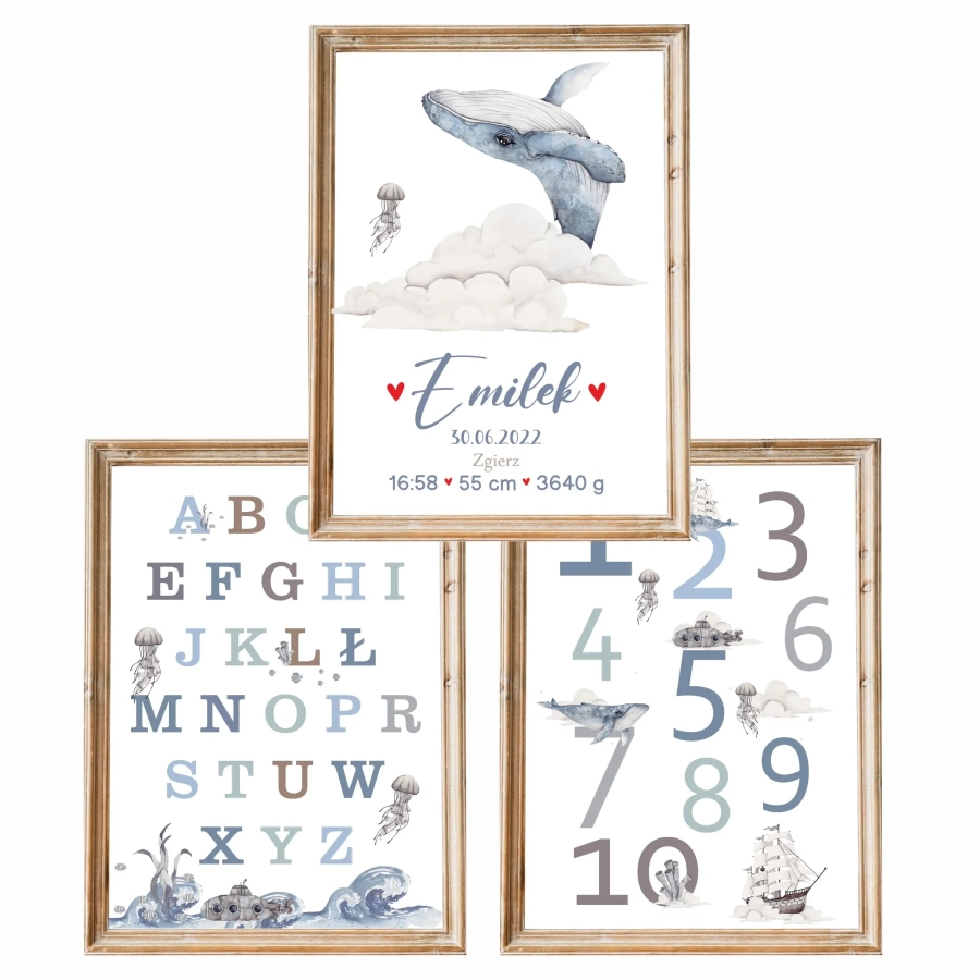 Zestaw 3 plakaty Podniebny Ocean –metryczka, alfabet,  i liczby