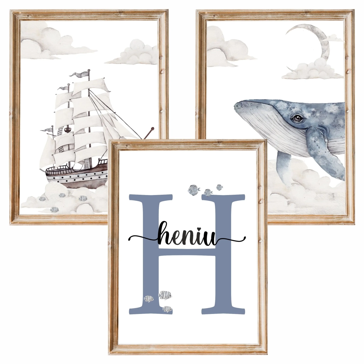 Zestaw 3 plakaty Podniebny Ocean Nr 5 statek litera wieloryb — Mała Pracownia