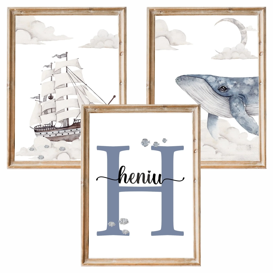 Zestaw 3 plakaty Podniebny Ocean Nr 5 statek litera wieloryb — Mała Pracownia
