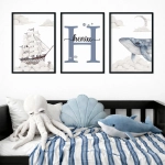 Plakaty oceaniczne dla dzieci z wielorybem i statkiem — Mała Pracownia