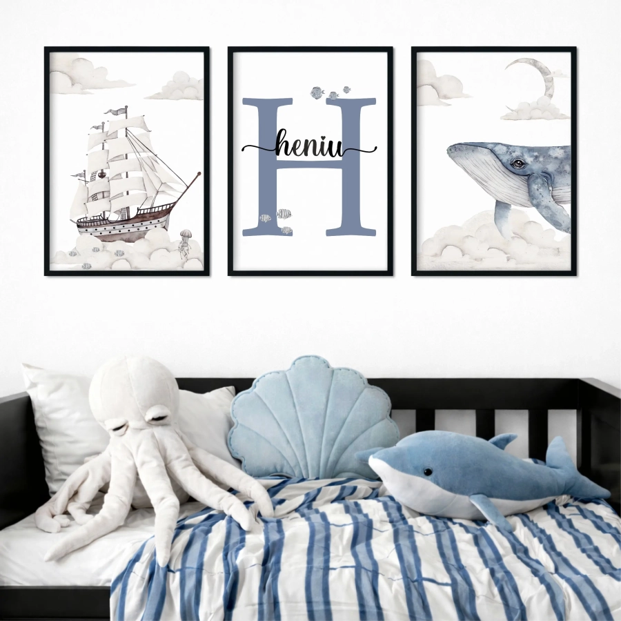 Plakaty oceaniczne dla dzieci z wielorybem i statkiem — Mała Pracownia
