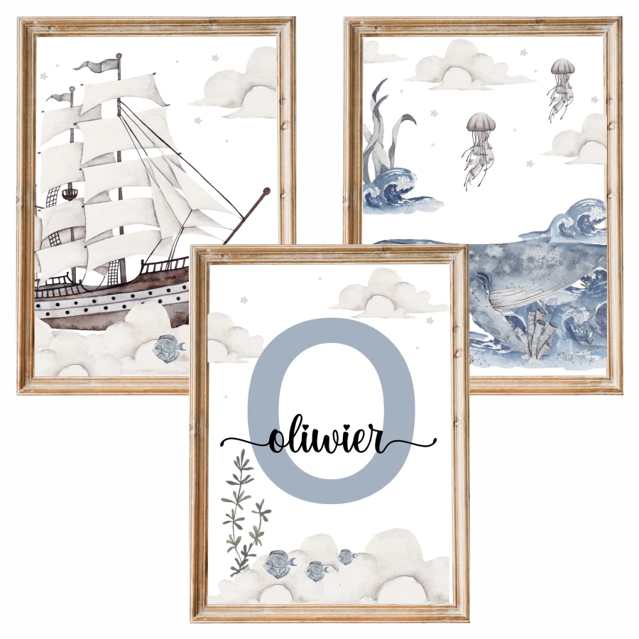 Plakaty do pokoju dziecka ocean statek i wieloryb zestaw Nr 4 – Mała Pracownia