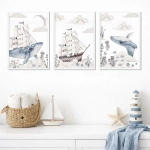 Zestaw 3 plakaty Podniebny Ocean Nr 3 — statek i wieloryb w pokoju dziecka — Mała Pracownia