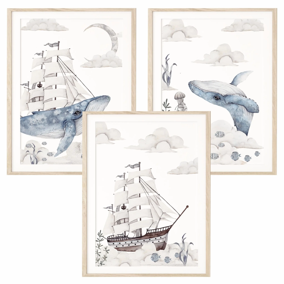 Plakaty oceaniczne dla dzieci z motywem statku i wieloryba — Podniebny Ocean Nr 3 — Mała Pracownia