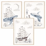 Plakaty oceaniczne dla dzieci z motywem statku i wieloryba — Podniebny Ocean Nr 3 — Mała Pracownia