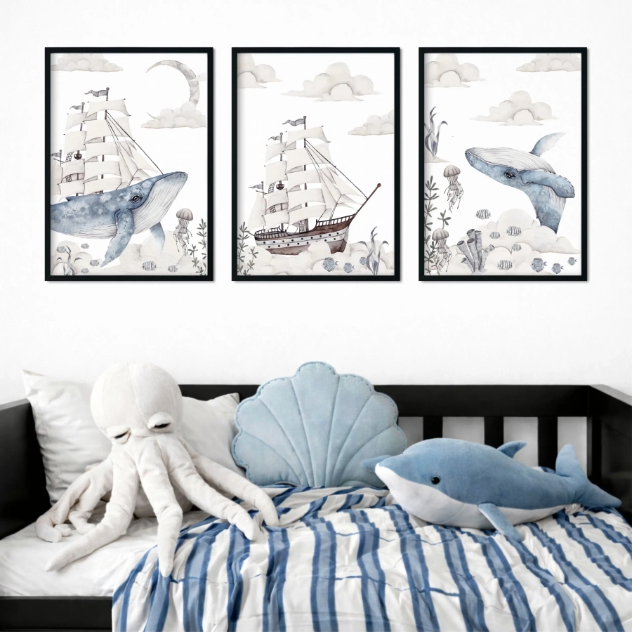 Akwarelowe plakaty marynistyczne dla dzieci — zestaw Podniebny Ocean Nr 3 — Mała Pracownia