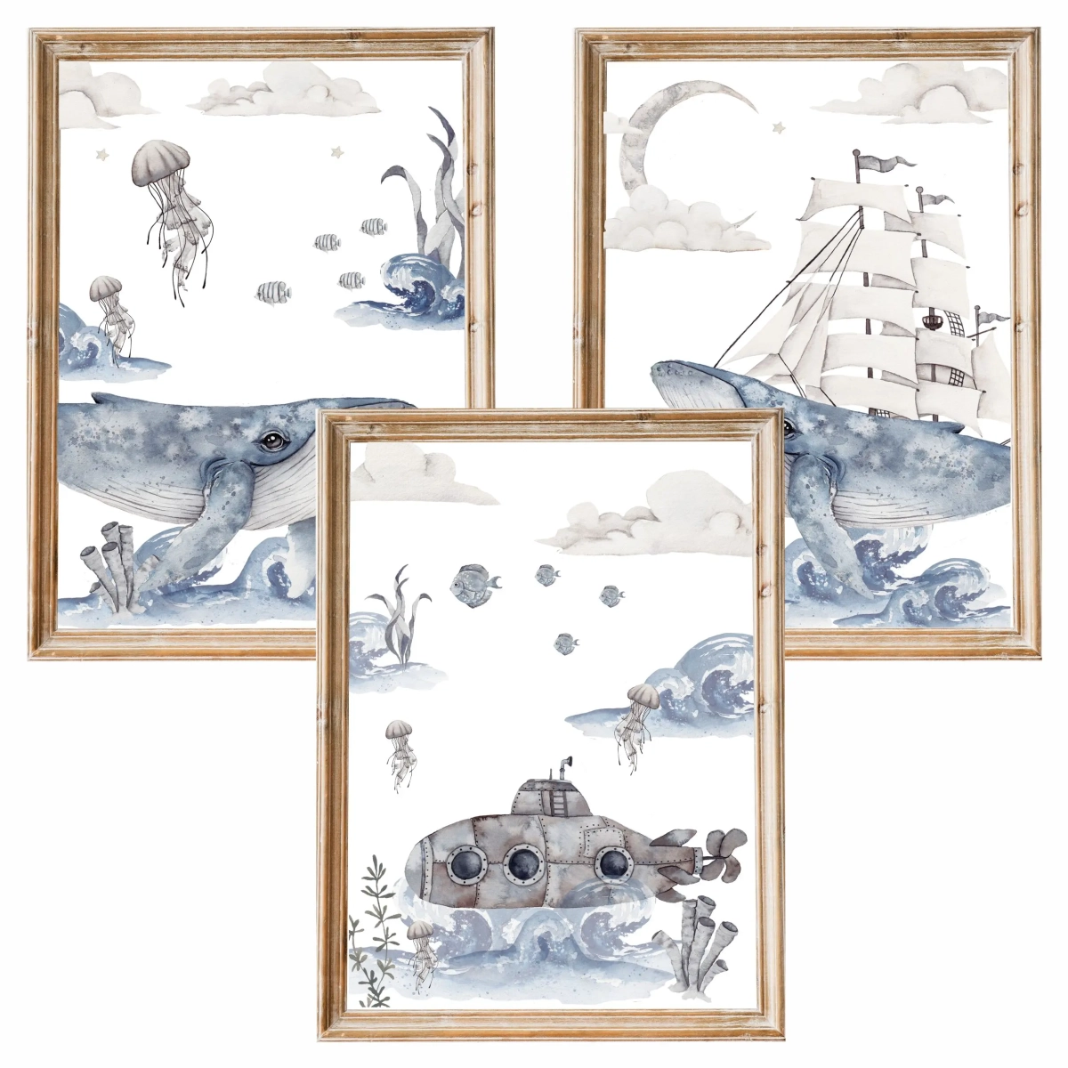 Zestaw 3 plakaty Podniebny Ocean Nr 2 z wielorybem i statkiem – Mała Pracownia