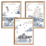 Zestaw 3 plakaty Podniebny Ocean Nr 2 z wielorybem i statkiem – Mała Pracownia