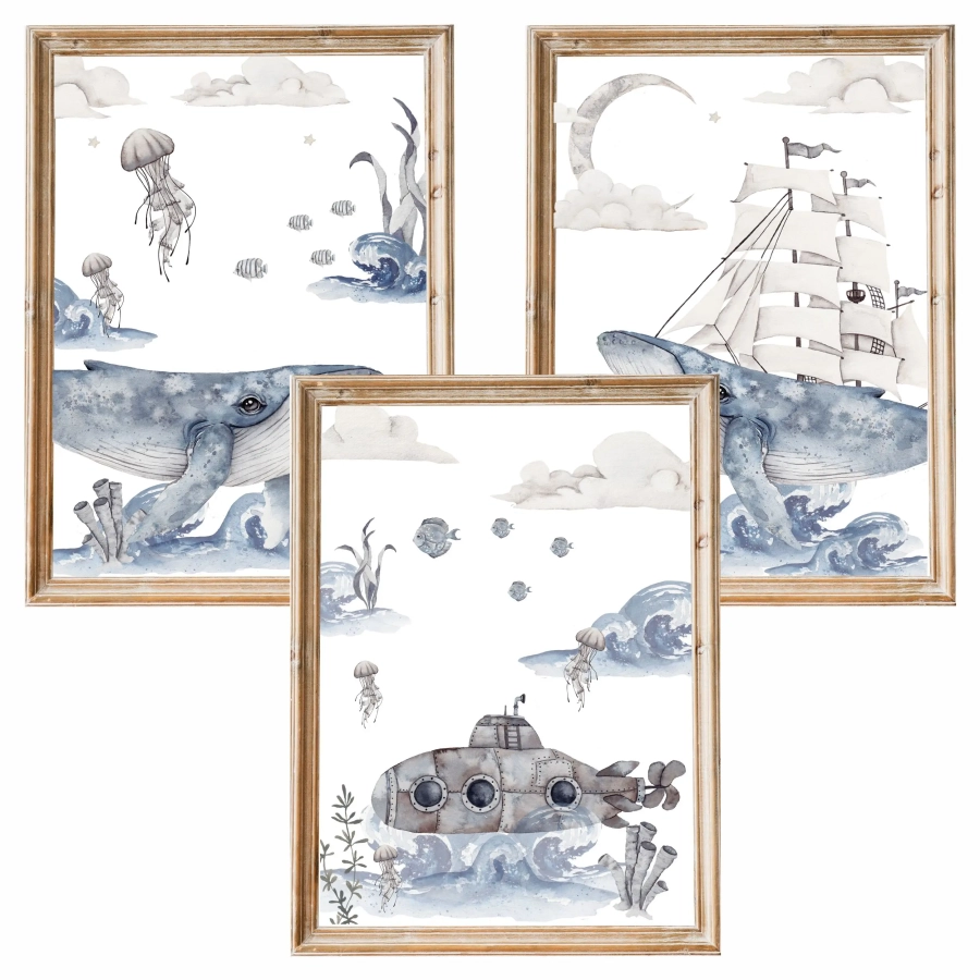 Zestaw 3 plakaty Podniebny Ocean Nr 2 z wielorybem i statkiem – Mała Pracownia