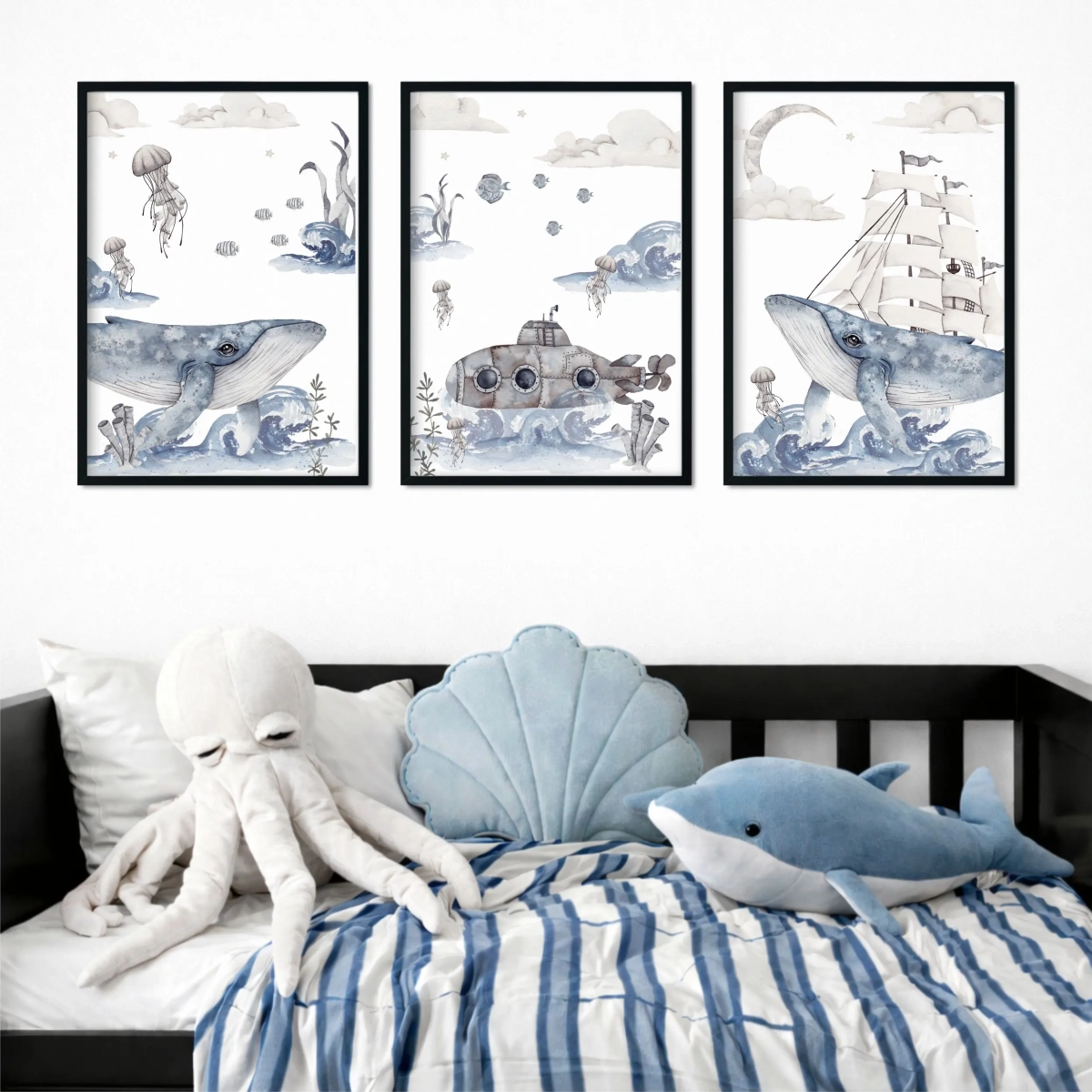 Tryptyk oceaniczny do pokoju dziecka z łodzią podwodną – Podniebny Ocean Nr 2