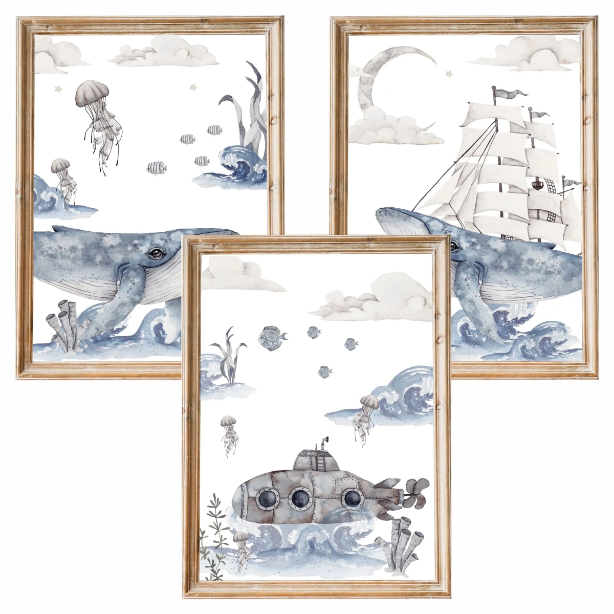 Tryptyk ocean z wielorybem i statkiem do pokoju dziecka – Mała Pracownia