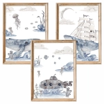 Tryptyk ocean z wielorybem i statkiem do pokoju dziecka – Mała Pracownia