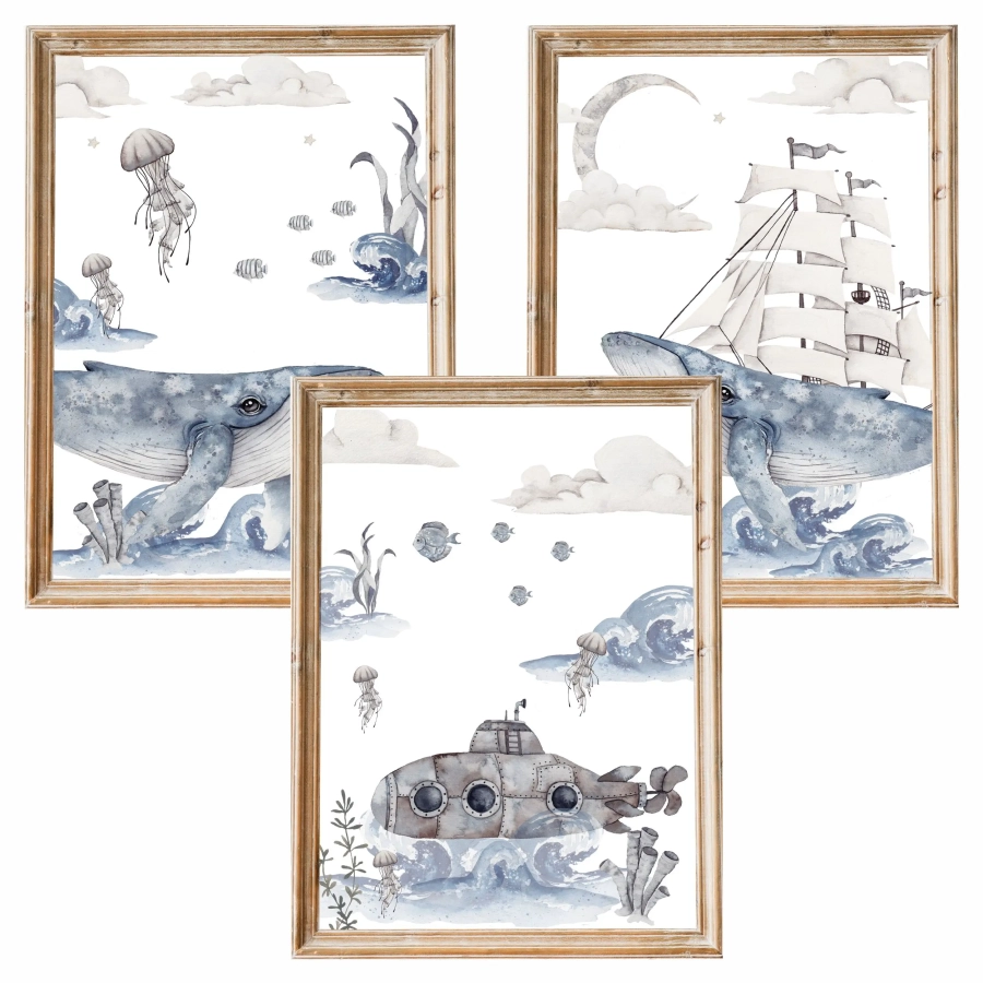 Tryptyk ocean z wielorybem i statkiem do pokoju dziecka – Mała Pracownia