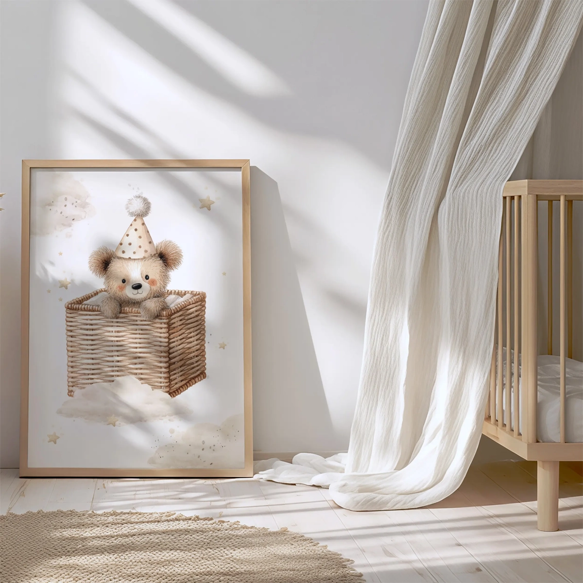 Pastelowy plakat z misiem w koszyku – Mała Pracownia