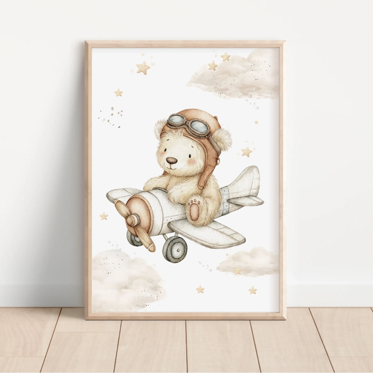 Pastelowy plakat z misiem w samolocie – Mała Pracownia