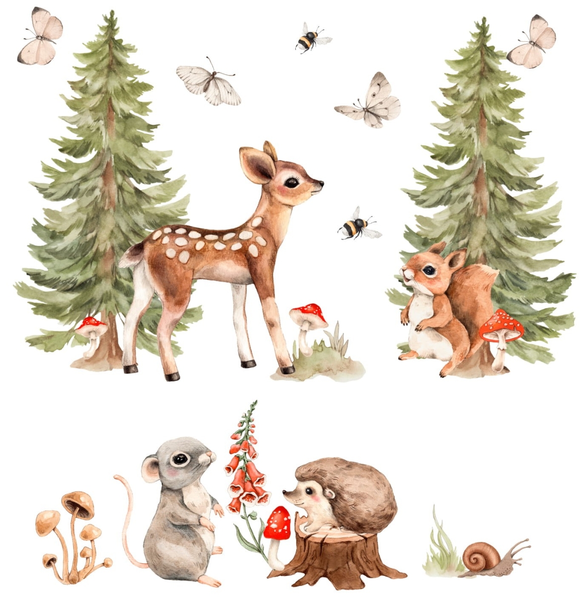 Naklejka Mieszkańcy lasu w akwareli – sarenka, wiewiórka, jeż, ślimak, grzybki, świerki, motyle – na białym tle – Mała Pracownia