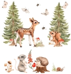 Naklejka Mieszkańcy lasu w akwareli – sarenka, wiewiórka, jeż, ślimak, grzybki, świerki, motyle – na białym tle – Mała Pracownia