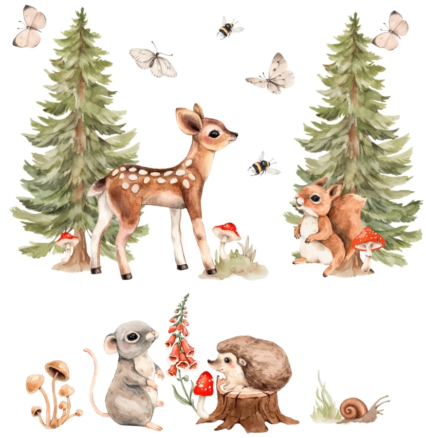 Naklejka Mieszkańcy lasu w akwareli – sarenka, wiewiórka, jeż, ślimak, grzybki, świerki, motyle – na białym tle – Mała Pracownia