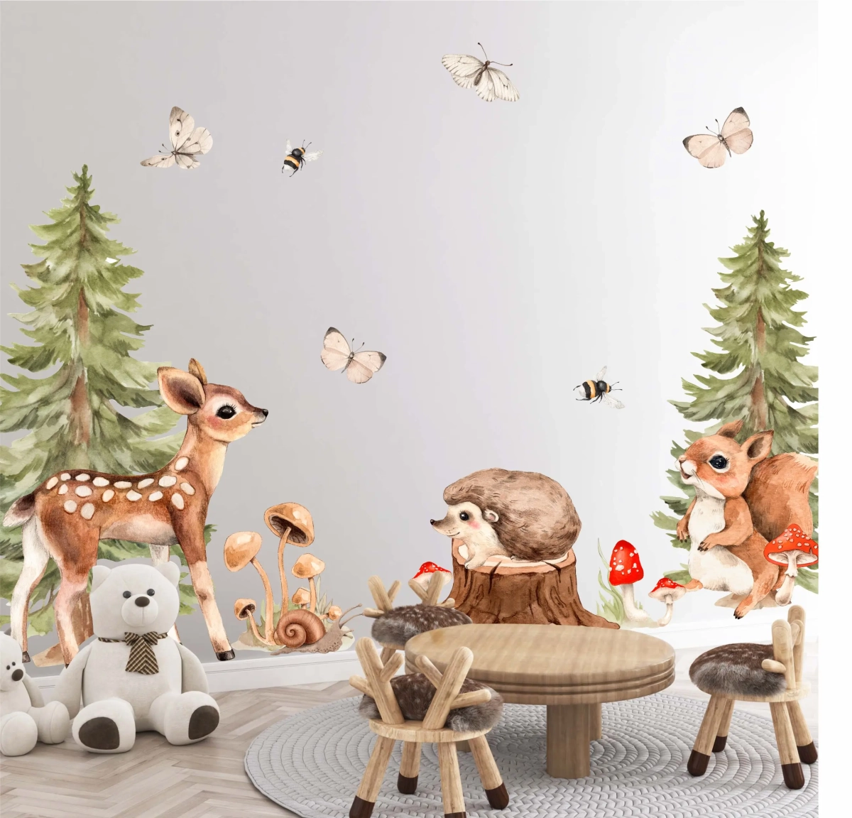 Naklejki leśne zwierzęta świerk – sarenka, jeż, wiewiórka, myszka – Mała Pracownia