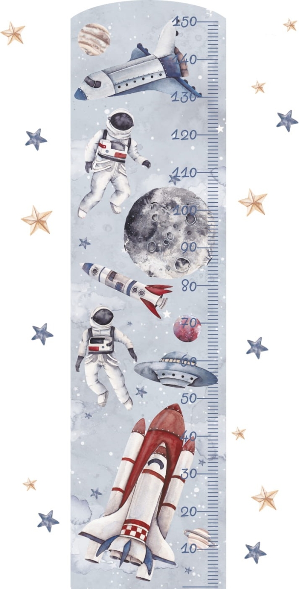 Miarka wzrostu kosmos błękit z rakietą i planetami – Naklejka dla dzieci – Mała Pracownia