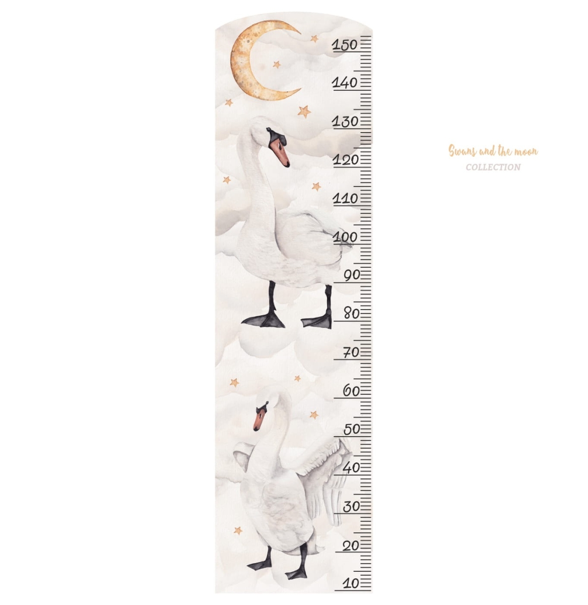 Miarka wzrostu Łabędzie i Księżyc DK148 – Naklejka na ścianę, białe tło – Mała Pracownia