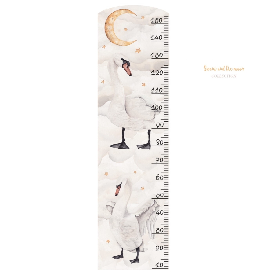 Miarka wzrostu Łabędzie i Księżyc DK148 – Naklejka na ścianę, białe tło – Mała Pracownia