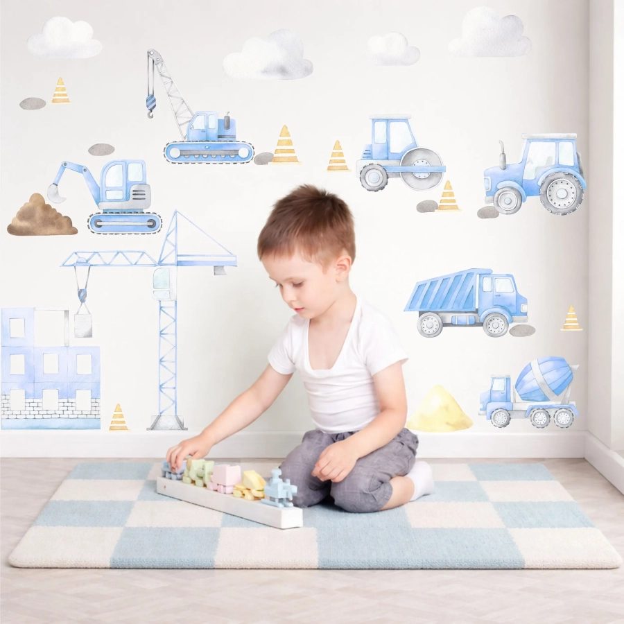 Plac budowy niebieski II – naklejka ścienna z dźwigiem, koparką i traktorem – Mała Pracownia