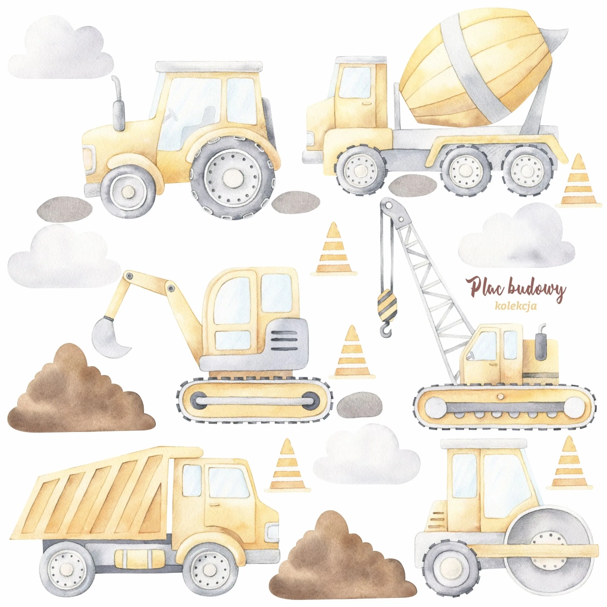 Plac budowy – naklejka na ścianę dla dzieci z pojazdami budowlanymi – Mała Pracownia