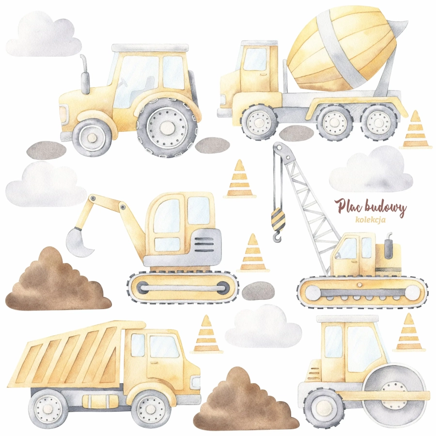 Plac budowy – naklejka na ścianę dla dzieci z pojazdami budowlanymi – Mała Pracownia