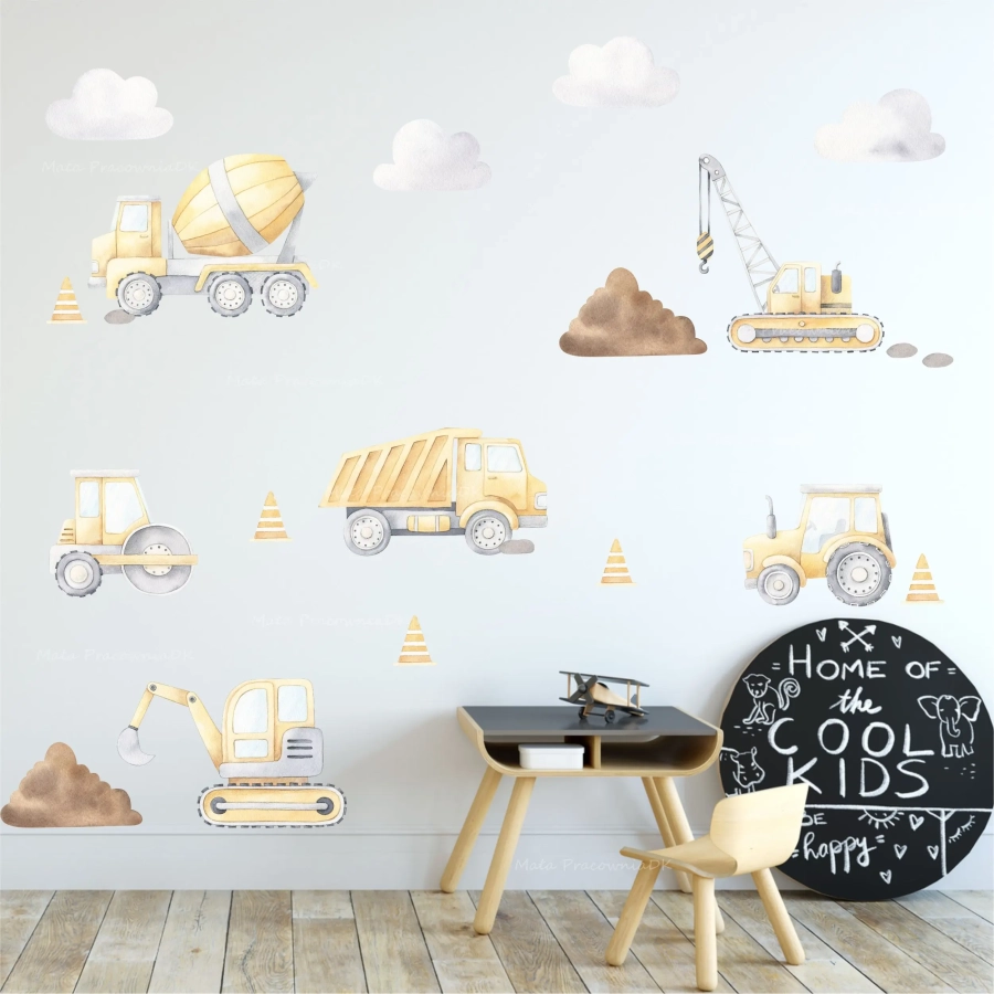 Naklejka na ścianę Plac budowy z koparką, dźwigiem i betoniarką – Mała Pracownia