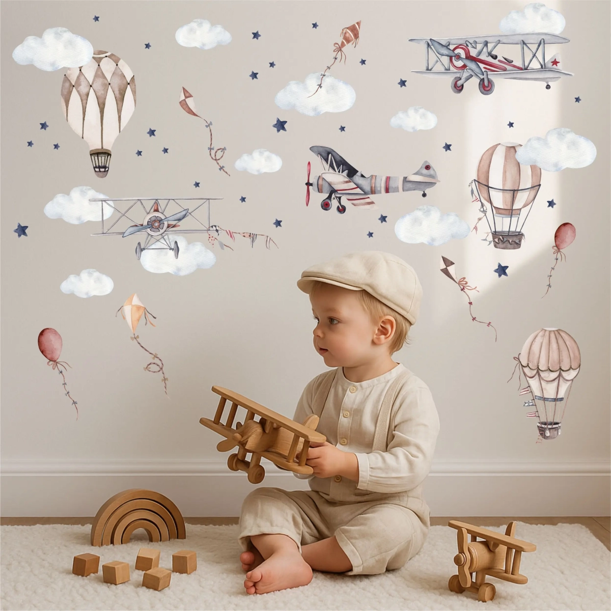 Naklejka na ścianę dla dzieci – Samoloty, Balony, Latawce, Chmurki, Gwiazdki – Mała Pracownia