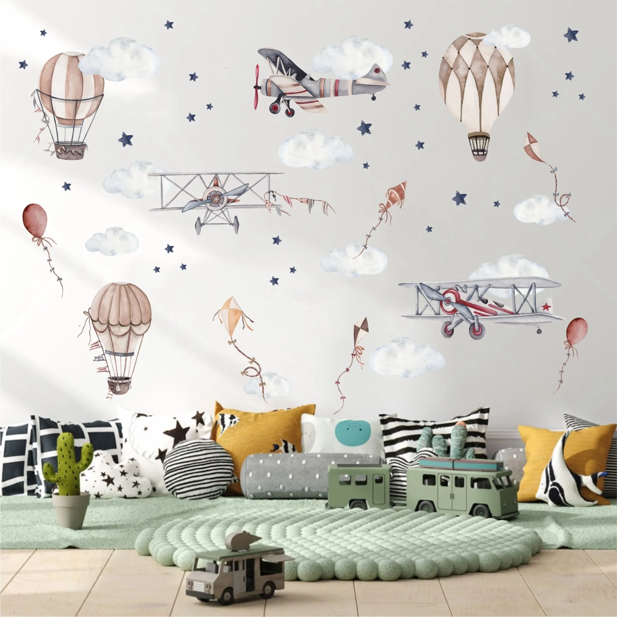 Naklejka dekoracyjna dla dzieci – Samoloty, Balony, Latawce, Chmurki, Gwiazdki – Mała Pracownia