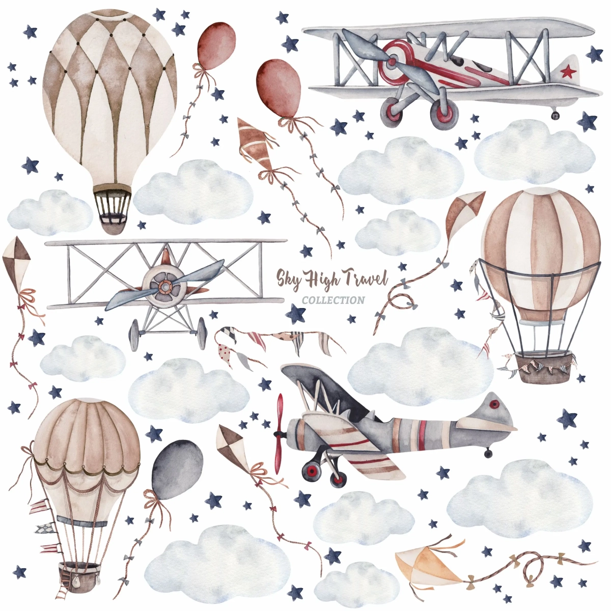 Naklejka na ścianę – motywy Samoloty, Balony, Latawce, Chmurki, Gwiazdki – Mała Pracownia