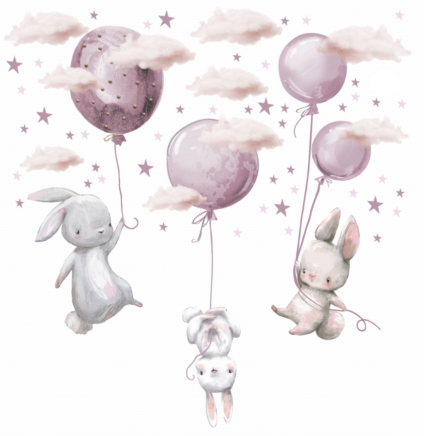 zajączki z balonikami różowe chmurki naklejki ścienne