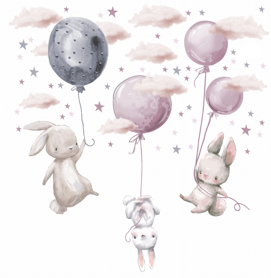 zajączki z balonami naklejki na ścianę chmurki różowe