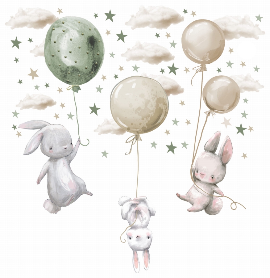 zajączki z balonami naklejki na ścianę chmurki beżowe