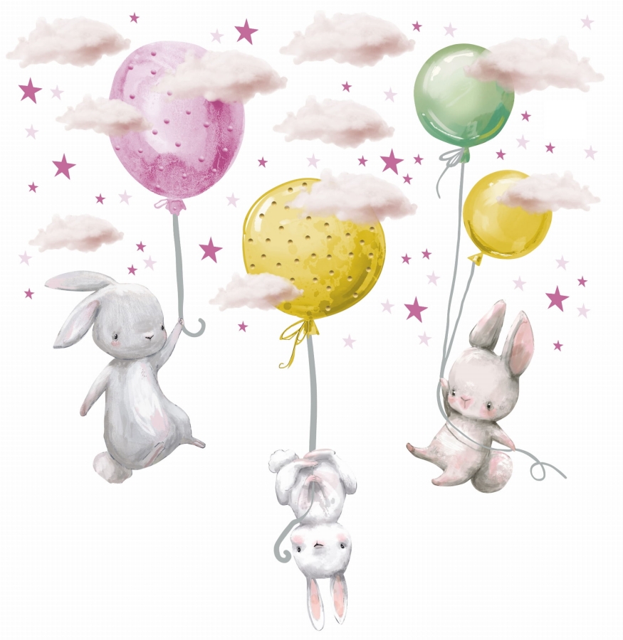 zajączki z balonami naklejki na ścianę chmurki