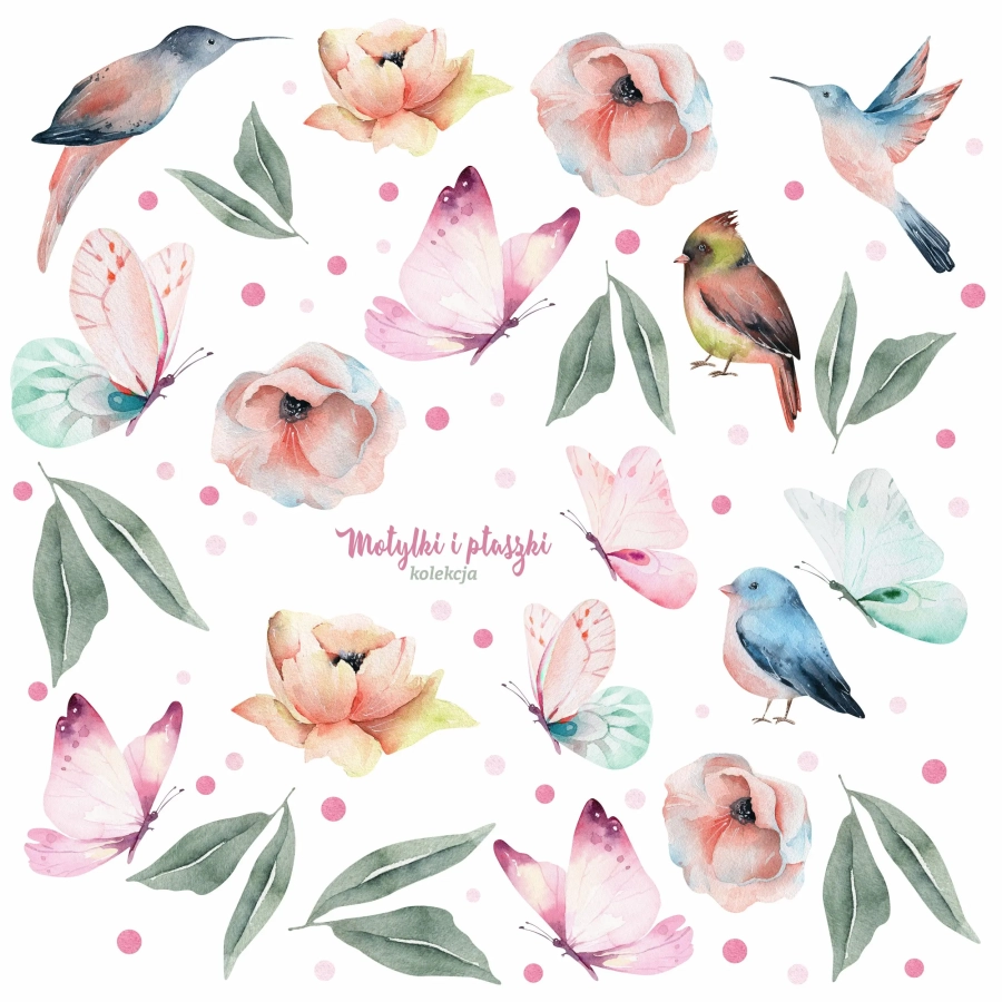 Pastelowe naklejki ścienne motylki, ptaszki i kwiaty jako dekoracja do pokoju dziecka