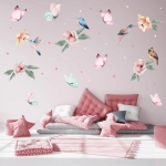 Naklejka na ścianę z motylkami, ptaszkami i kwiatami w pastelowych kolorach do pokoju dziecka