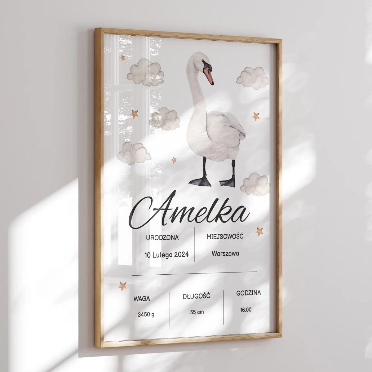 Metryczka Łabędź – plakat z danymi narodzin dziecka