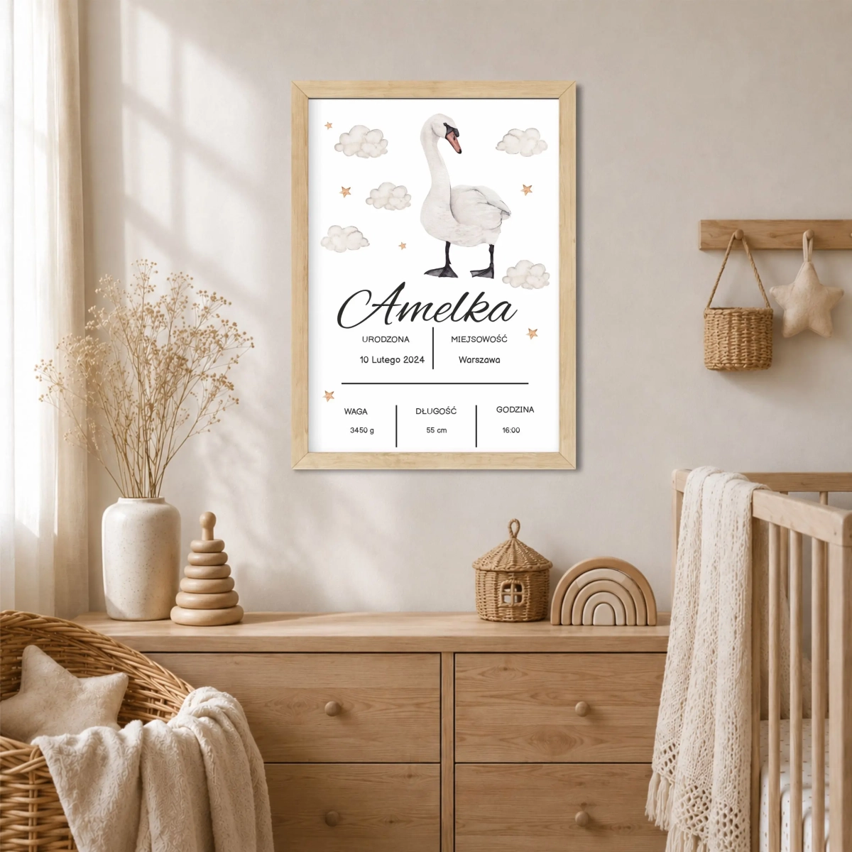 Personalizowany plakat metryczka z autorskim łabędziem